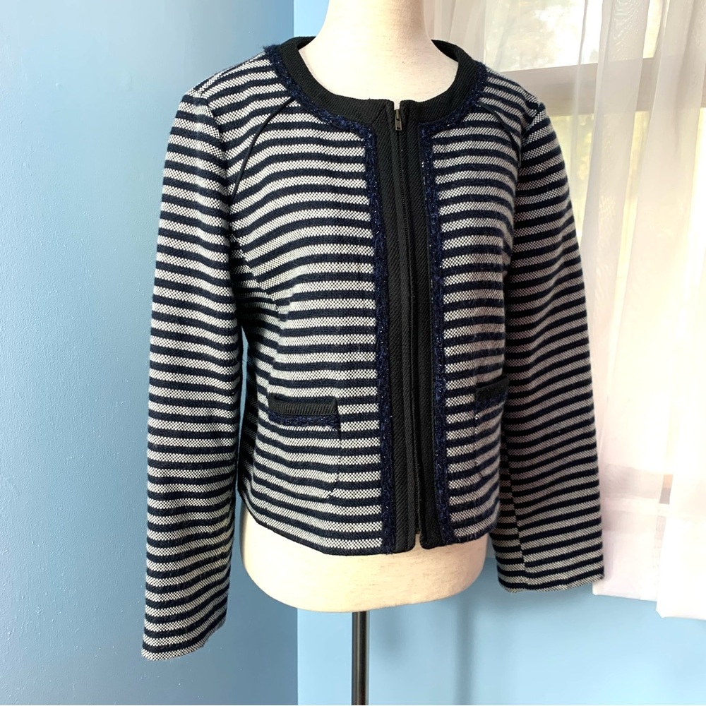 J. Crew Suiting Navy Striped Tweed Zip Front Cropped Jacket - Picture 9 of 11